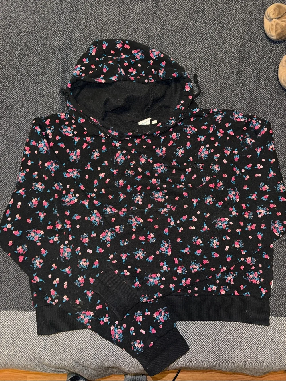 Vans Black Hoodie with Pink & Blue Floral Print - Picture 1 of 2